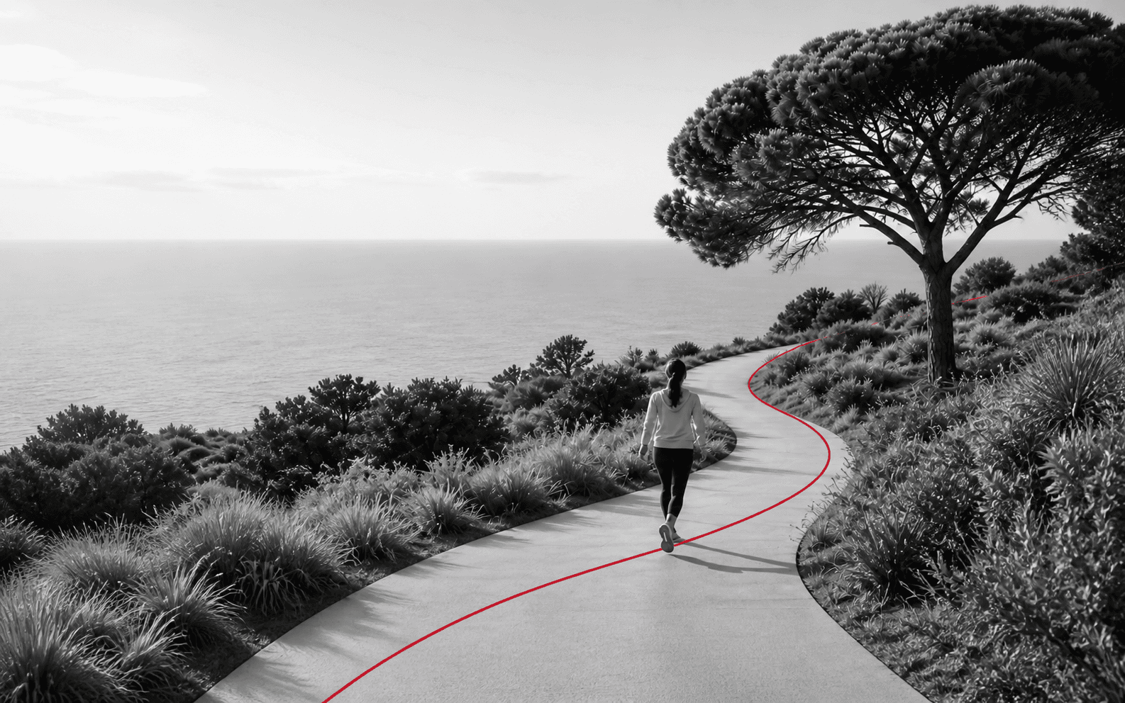 A person following a winding coastal path toward the horizon